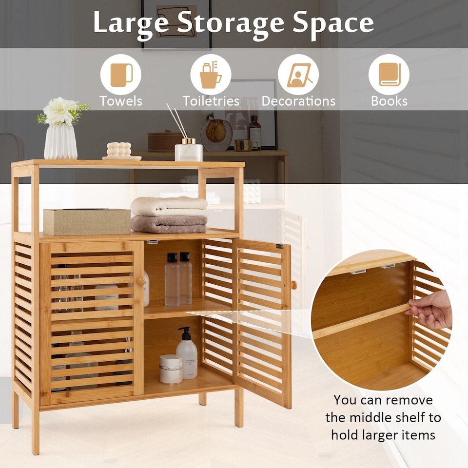 image 1 of COSTWAY Bamboo Side Storage Organizer Bathroom Floor Cabinet