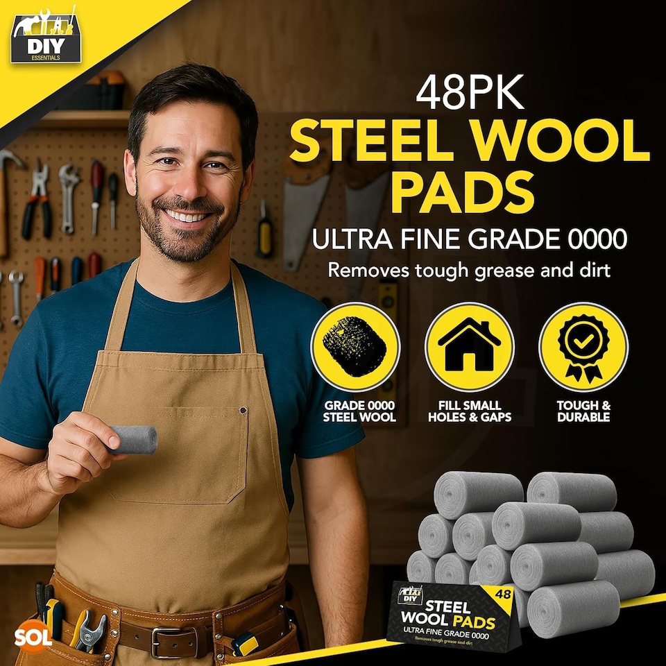 image 1 of 48pk Steel Wool Pads – Fine Grade 0 Metal Scourers for Polishing, Buffing, Rust Removal, Paint Prep & Cleaning Wood, Furniture & DIY