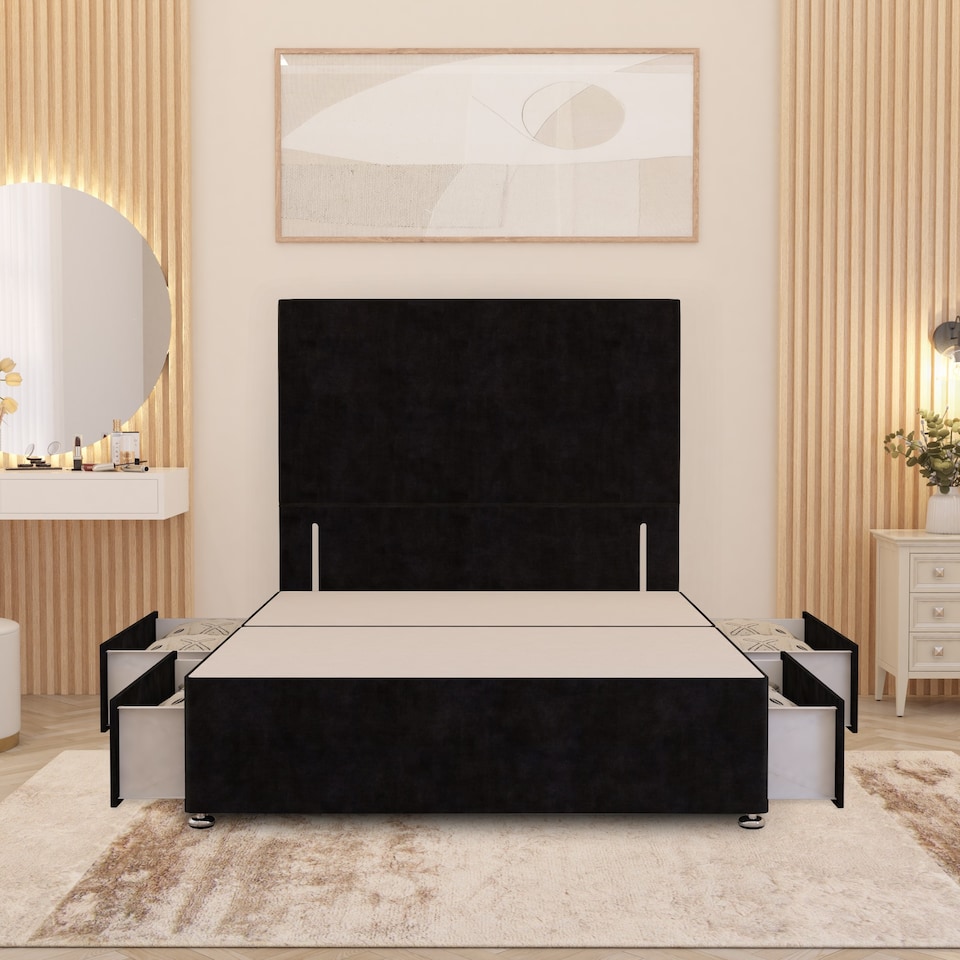 image 1 of Divan Bed Base with 4 Drawers & Plain Floor Standing Headboard Plush Velvet | Black | Black