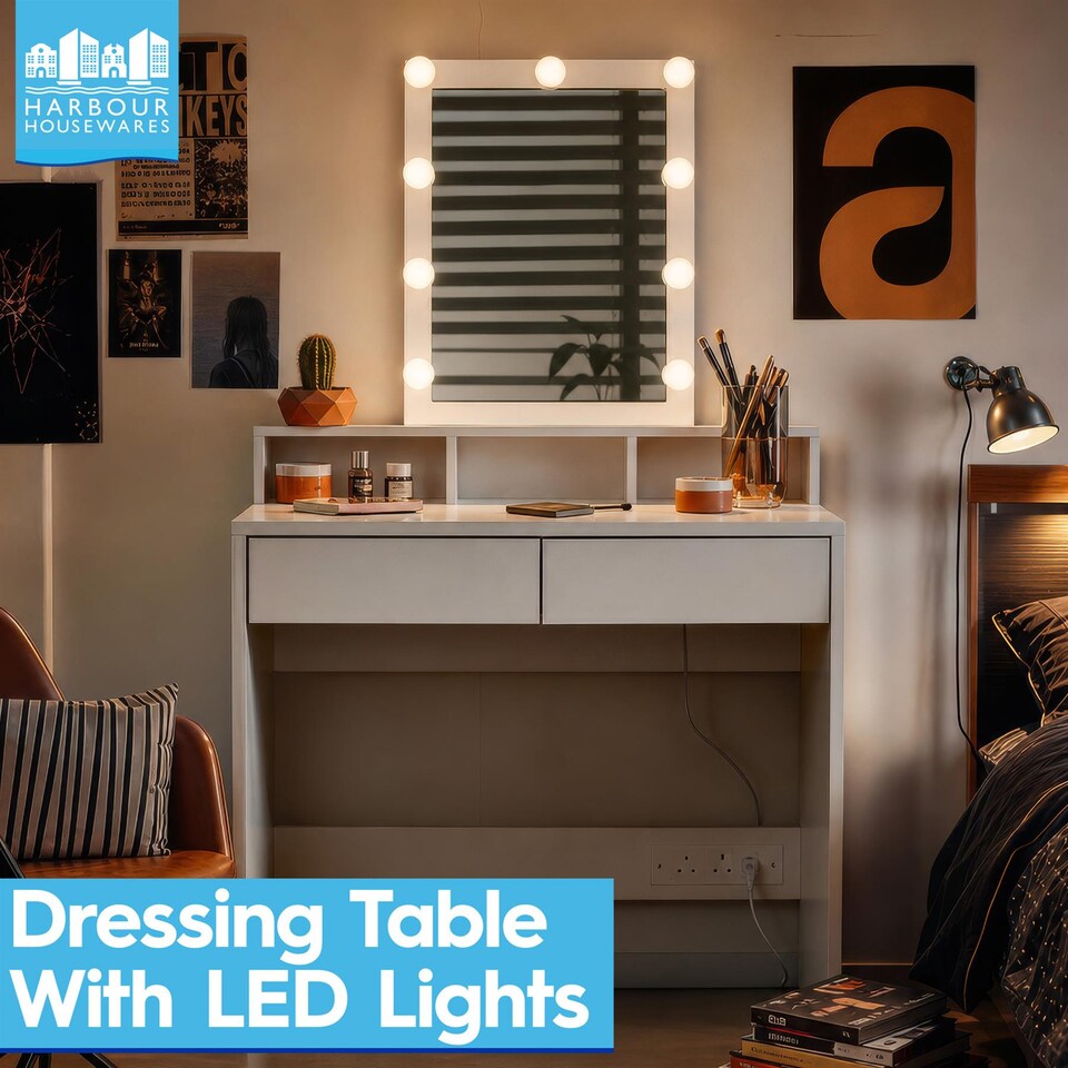 image 1 of Harbour Housewares Wooden Dressing Table Set with LED Lights & Grey Stool - White | White | White/Grey