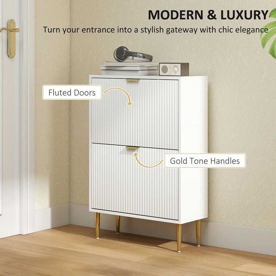 image 1 of HOMCOM Slim Shoe Storage Cabinet with 2 Flip Drawers for Hallway White | Gold | 60W x 24D x 91.5H cm