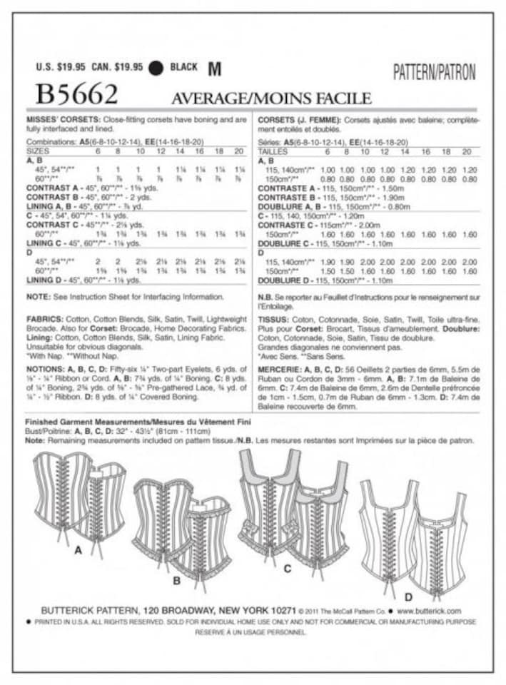 image 1 of Butterick 5662 Paper Sewing Pattern – Women’s Corsets, UK Sizes 6–8–10–12–14, Advanced