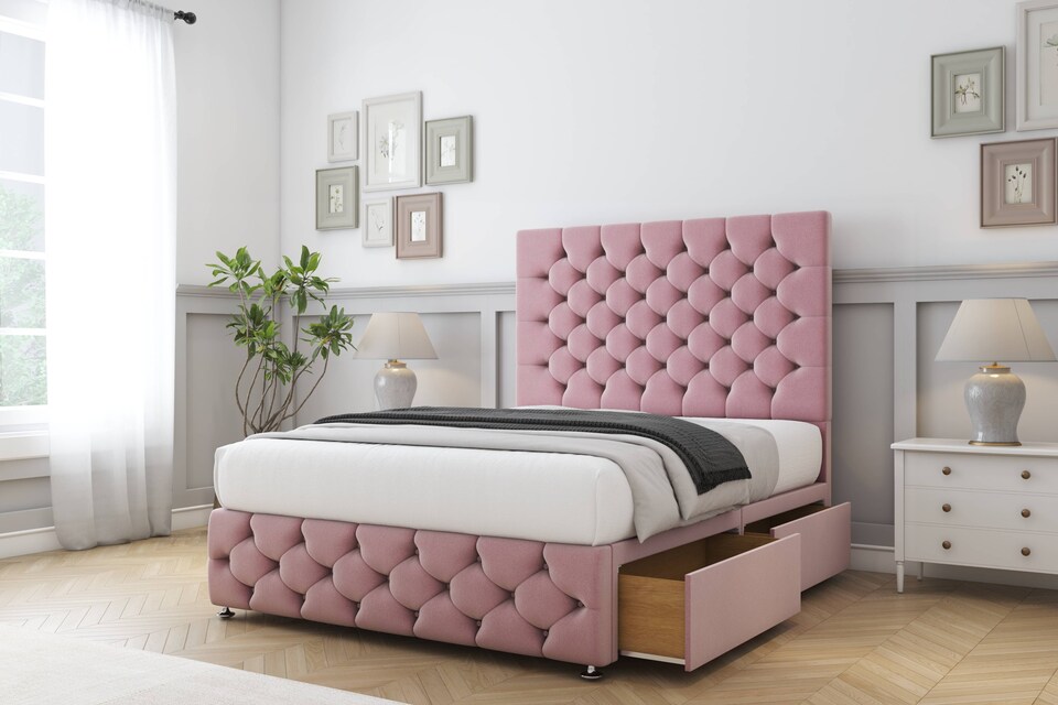 image 1 of Sloomy Watson Pink Plush Divan Bed With Mattress 2 Drawers Right Side With 54" Floor Standing Headboard & 12" Matching Footboard 3' Single | Pink | Pink | Single | 1