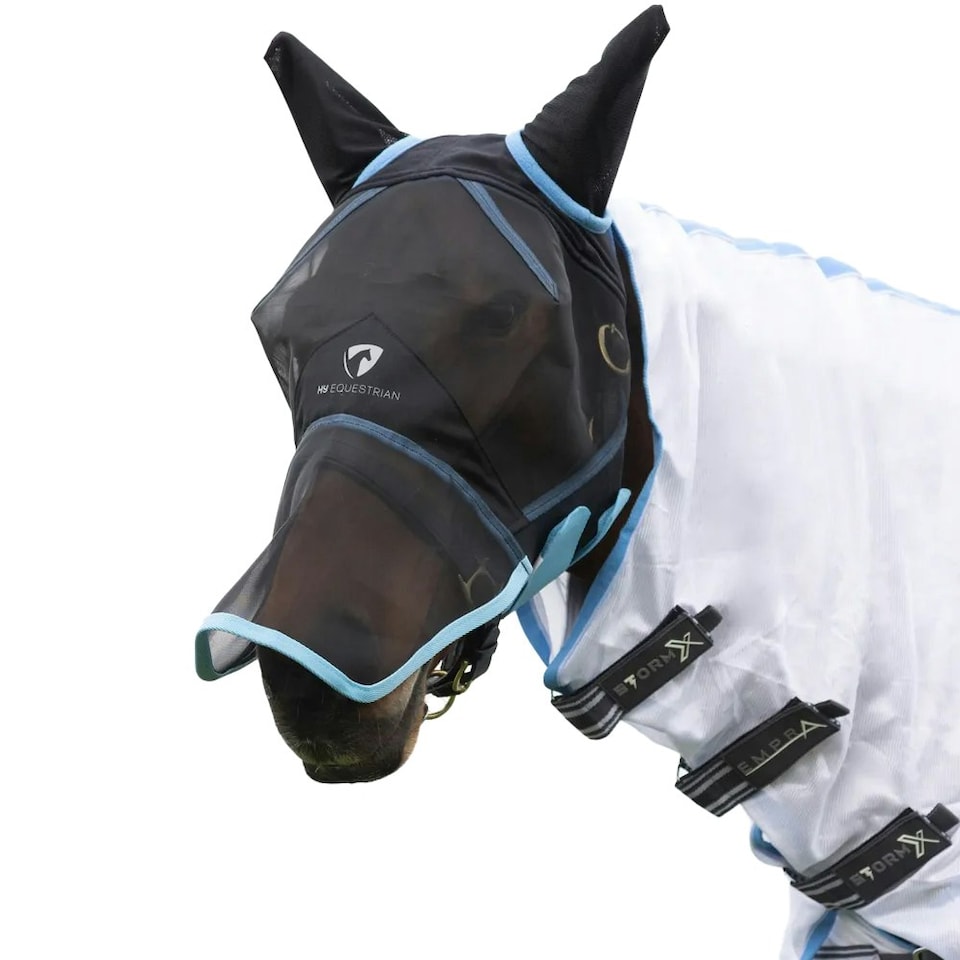 Hy Mesh Horse Fly Mask With Ears & Nose - Black/Light Blue - Full