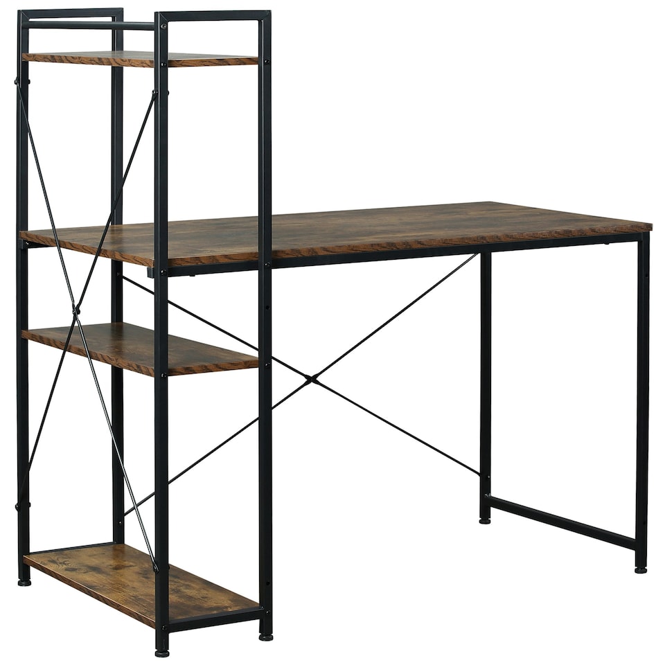 image 1 of HOMCOM Computer Desk Laptop Table w/4-tier Bookshelf  Metal Frame Brown, Black