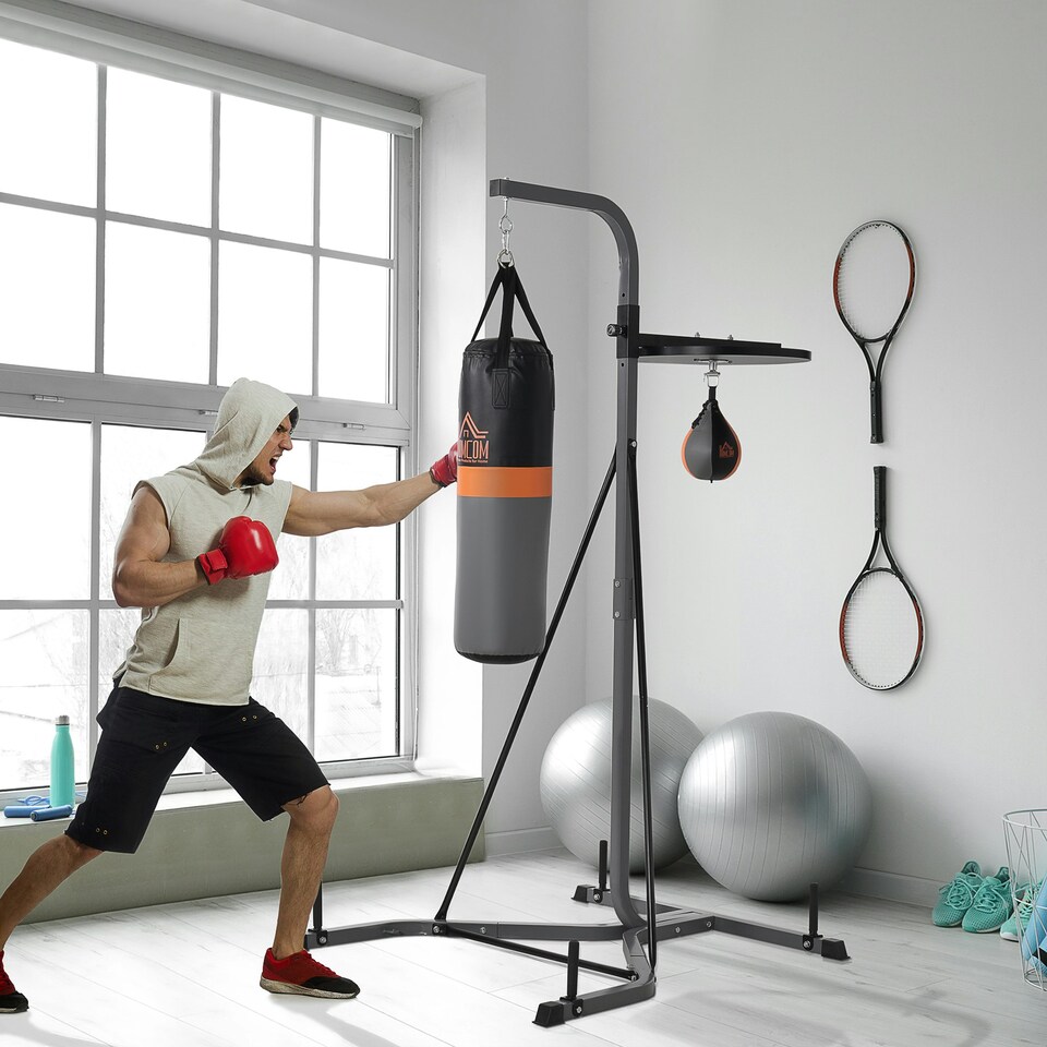 image 1 of HOMCOM Punchbag & Speedball Boxing Station w/ Freestanding Frame, Grey