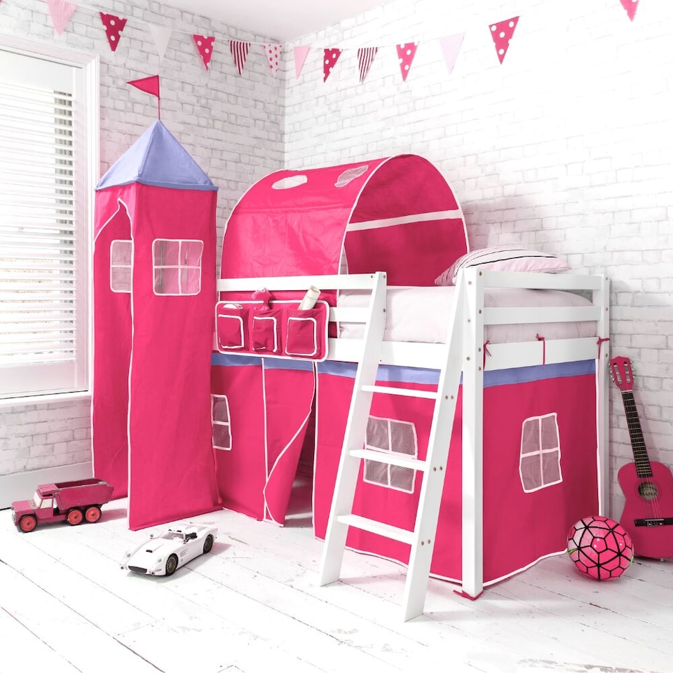 image 1 of Moro Cabin Bed Midsleeper with Cotton Pink Tent, Tower & Tunnel in White
