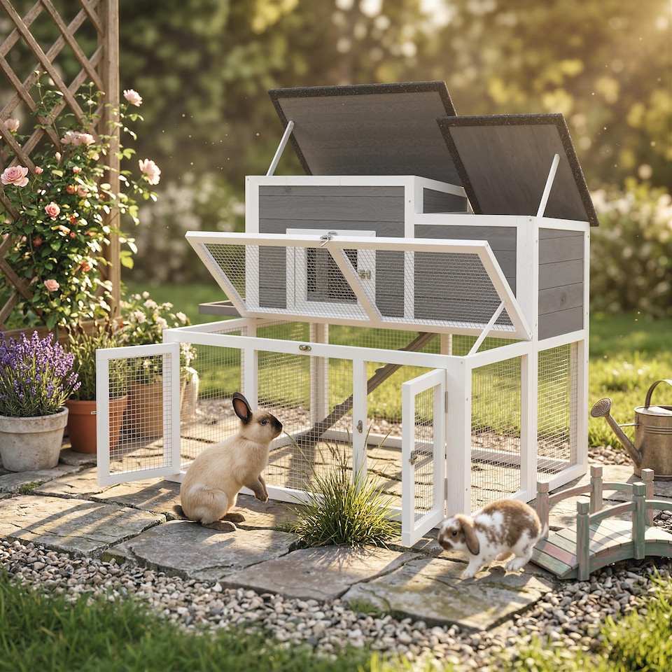 image 1 of PawHut Wooden Rabbit Hutch, Outdoor Bunny Cage with Waterproof Roof | Grey | Grey, Black, White | 97 x 75.5 x 90 cm