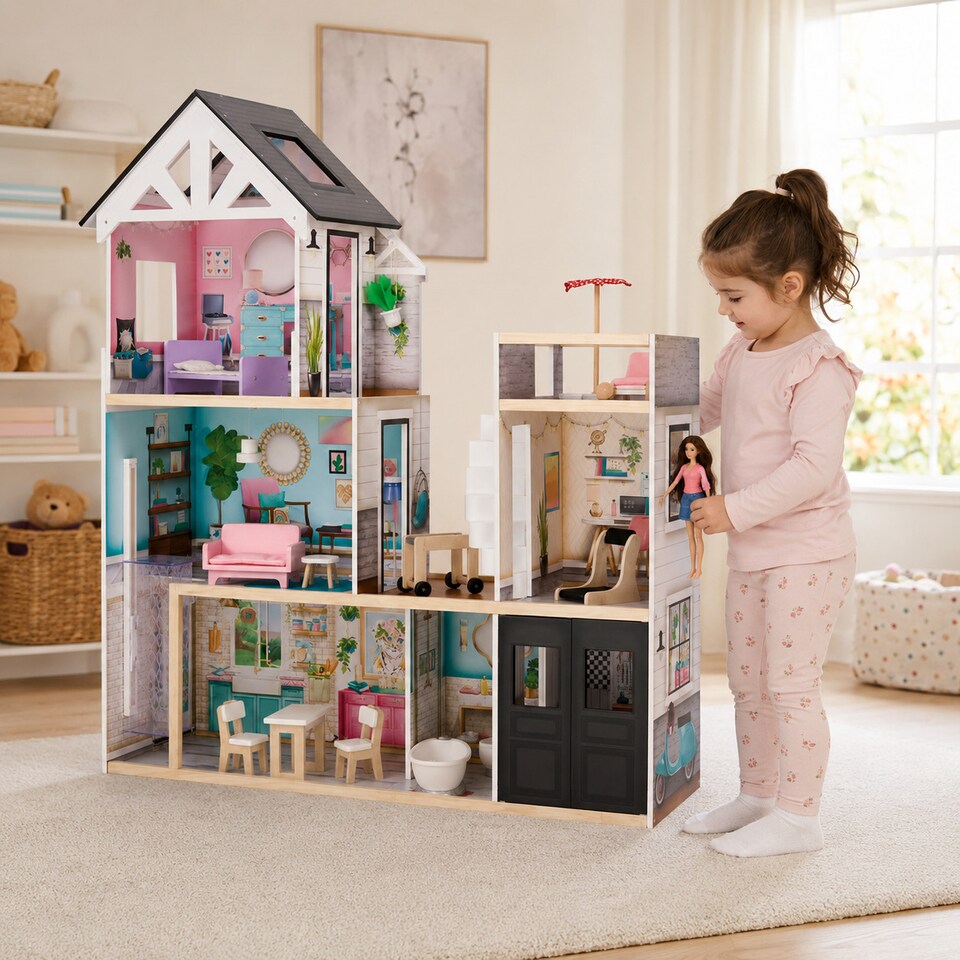 image 1 of Teamson Kids 3-Story Wooden Dollhouse with Accessories, Dreamland Mansion