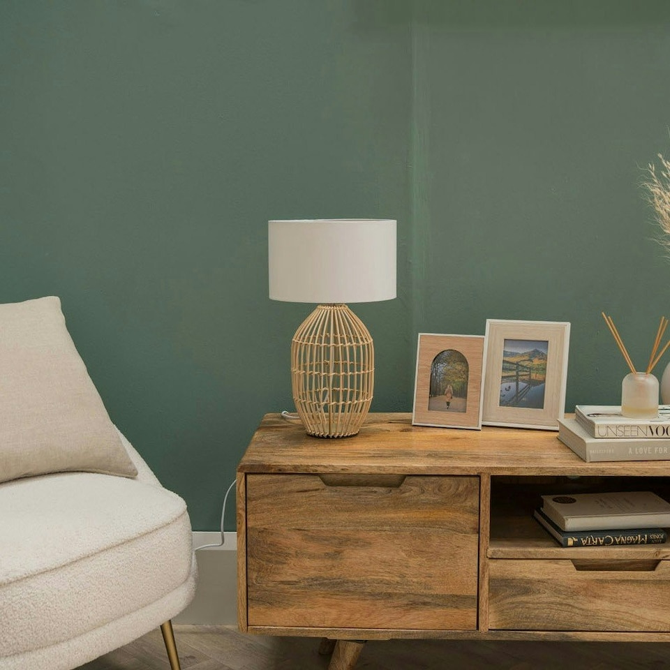 image 1 of ValueLights Hollins Painted Natural Table Lamp with Small White Drum Shade and LED Bulb