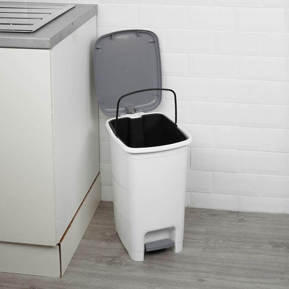 image 1 of Slim Pedal Waste Recycling Bin Can Insert Step On Lid Kitchen Bathroom | White | 25L White