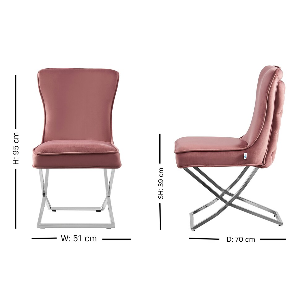 image 1 of Set of 2 Trafalgar Velvet Dining Chairs with Gold Crossed Legs - Modern Upholstered Accent Chair | Pink