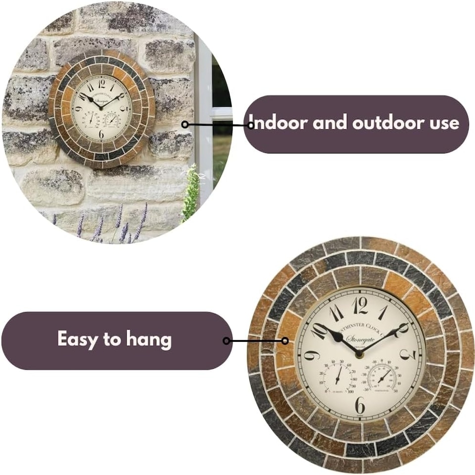 image 1 of Marco Paul 34cm Stone Slate Outside Clock and Thermometer | Multi