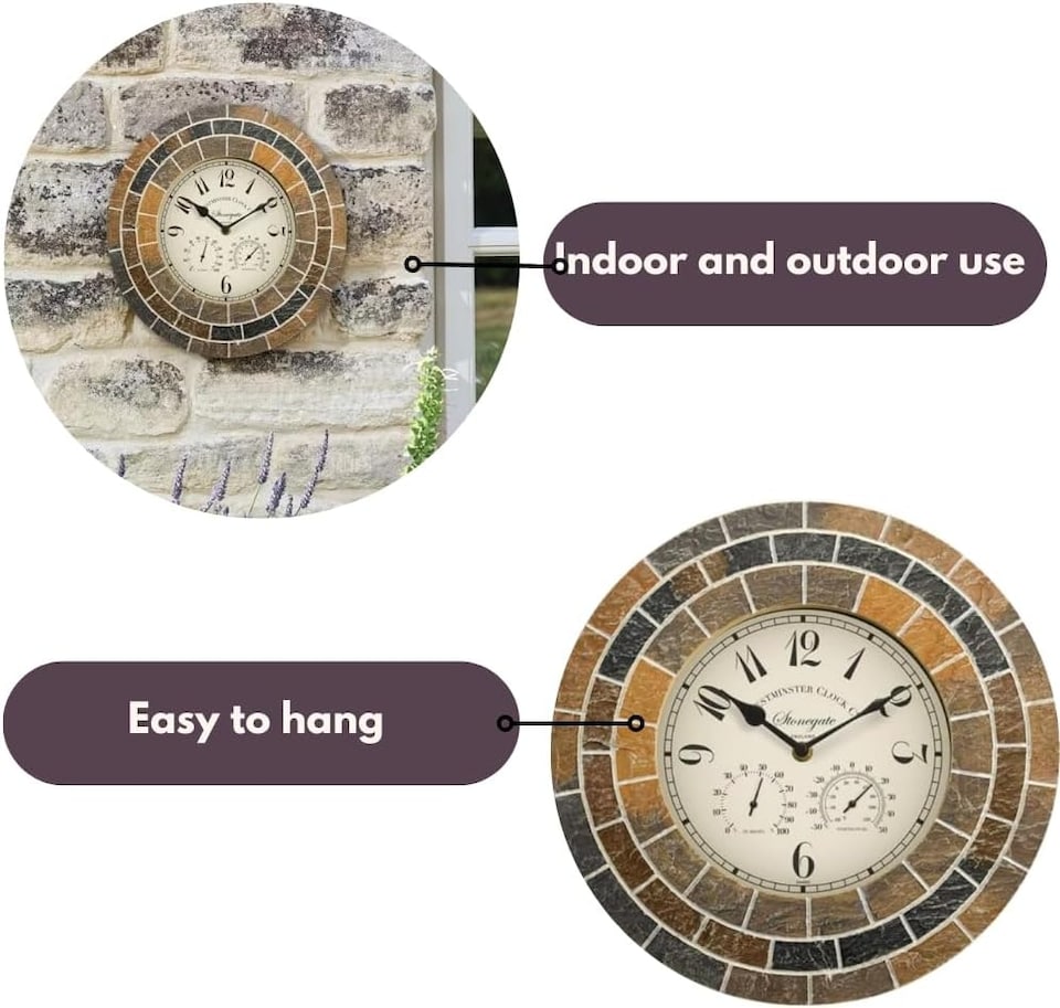 image 1 of Marco Paul 34cm Stone Slate Outside Clock and Thermometer | Multi