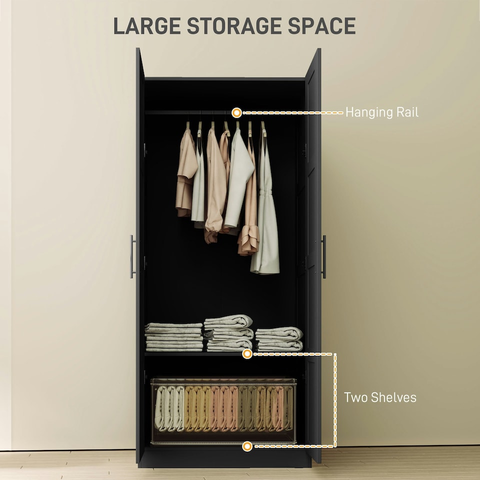 image 1 of HOMCOM Wardrobe for Bedroom, Double Wardrobe with Hanging Rail, Black