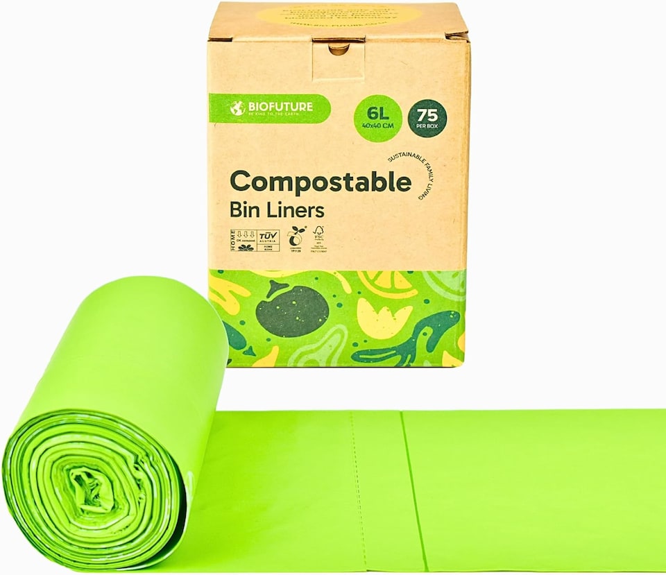 image 1 of Biofuture 6L x 75 Compostable Bin Liners | Home Compostable & Council Approved | Fits 5-7L Kitchen Food Waste Bins | EN13432 Certified & TUV Certified