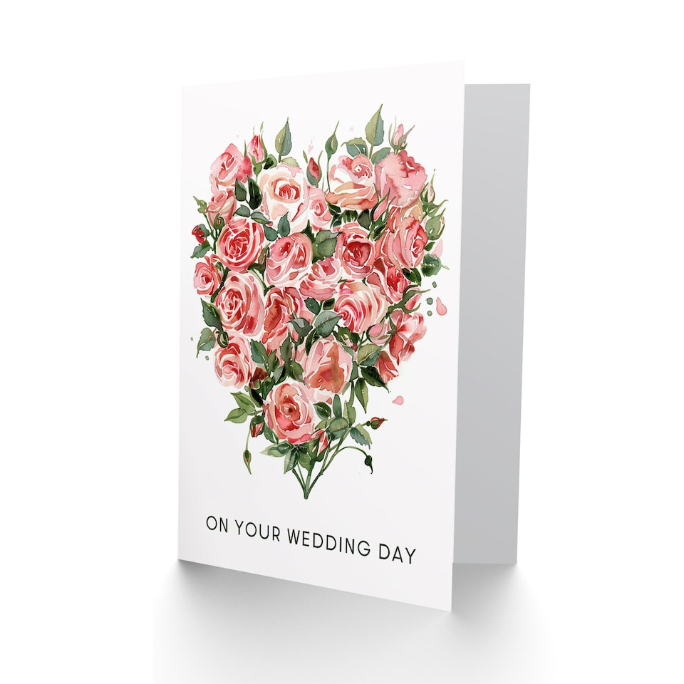 image 1 of Pink Roses Love Heart Flower Bouquet Watercolour Wedding Card