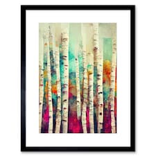 Abstract Colourful Birch Tree Forest Vibrant 9x7" Black Framed Wall Art Print