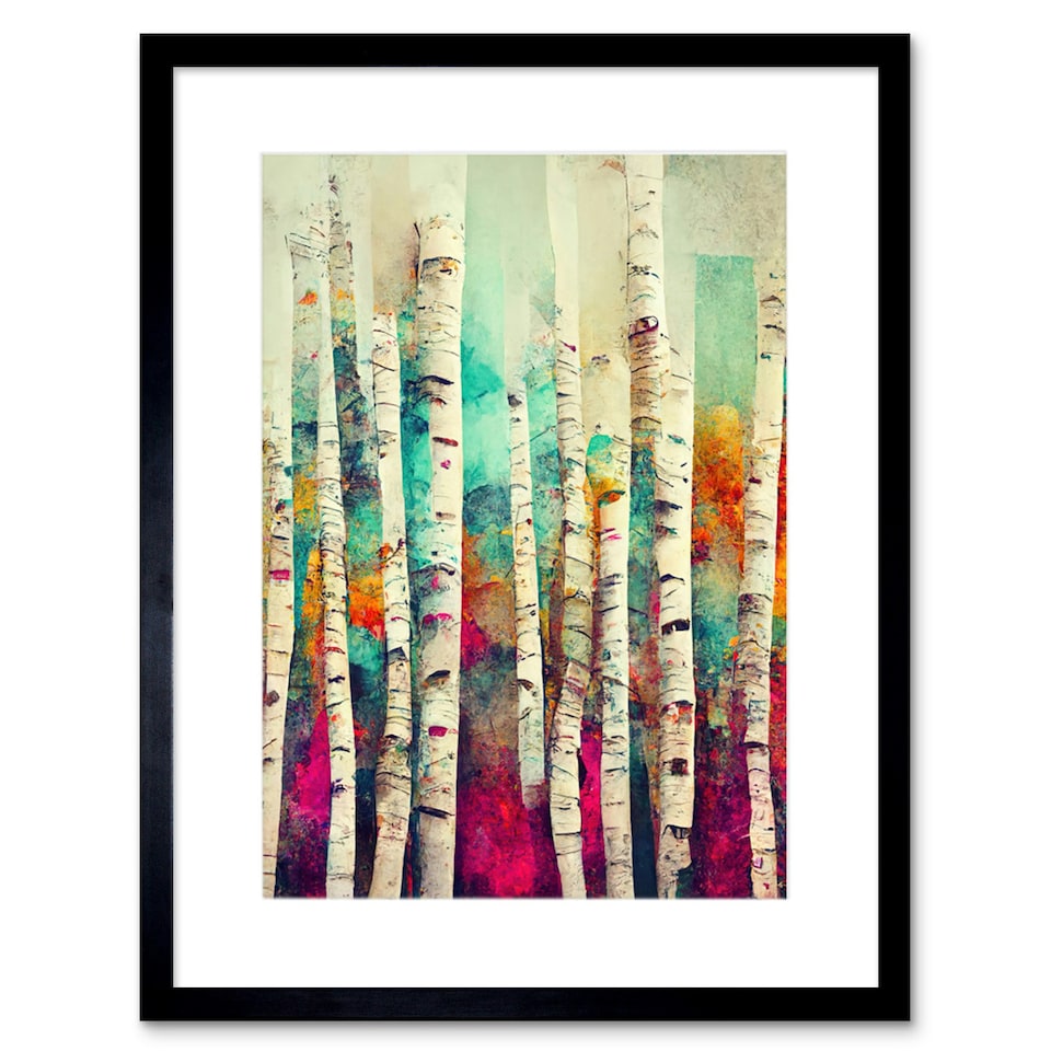 image 1 of Abstract Colourful Birch Tree Forest Vibrant 9x7" Black Framed Wall Art Print