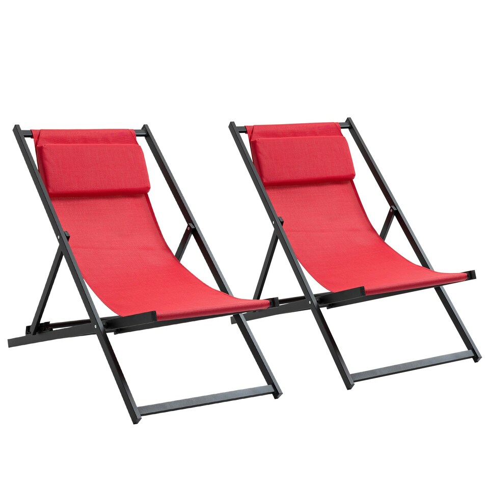image 1 of Outsunny 2Pcs Texteline Chaise Lounge Recliner Chair Lounger Patio Red