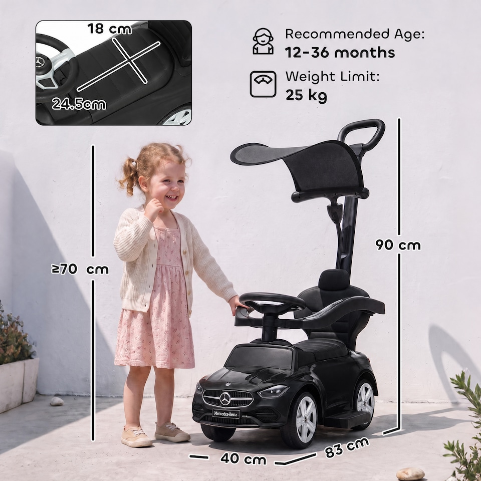 image 1 of AIYAPLAY 3 in 1 Licensed Mercedes-Benz Ride on Push Car with Canopy, Black