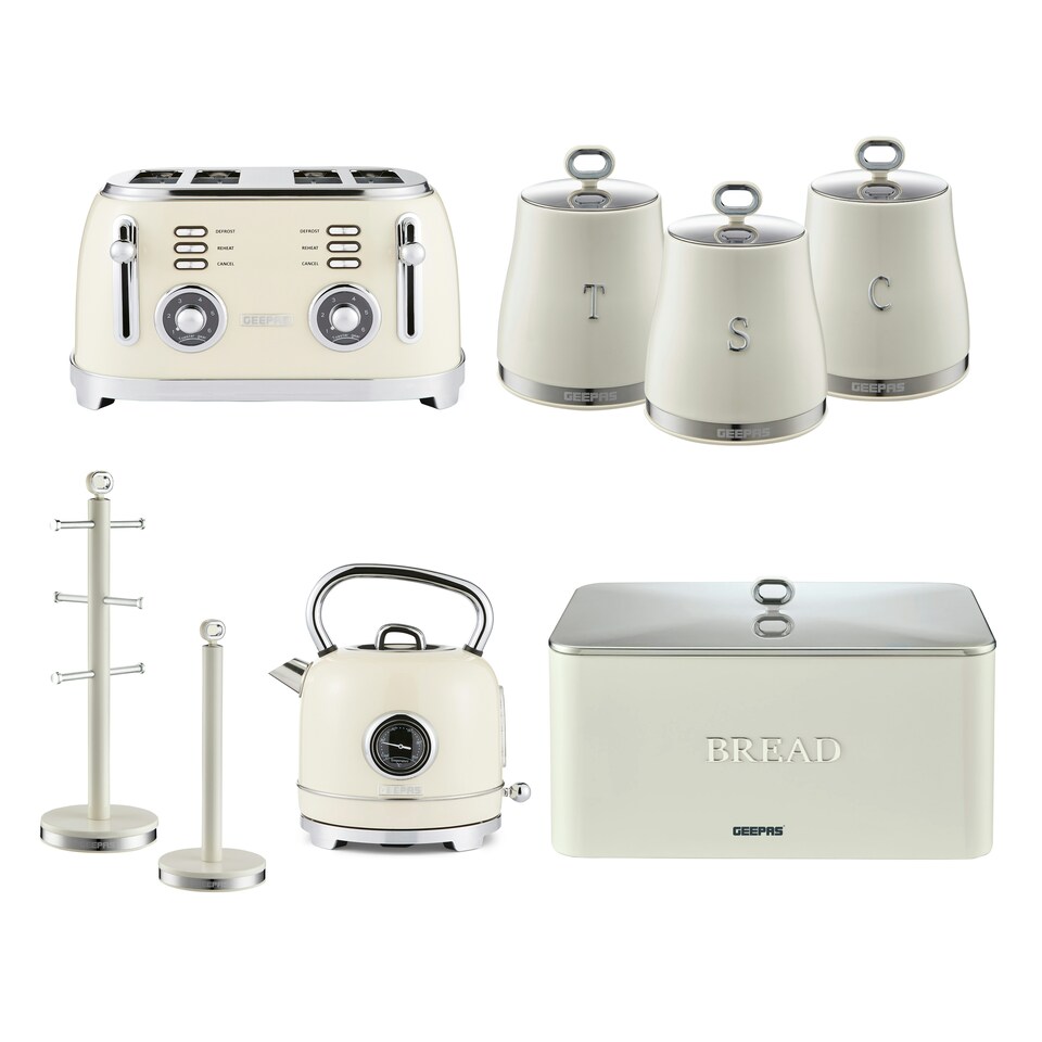 GEEPAS Electric Kettle, 4 Slice Bread Toaster, Set of 3 Tea Coffee Sugar Canister, Bread Bin, Mug Tree & Towel Pole Set
