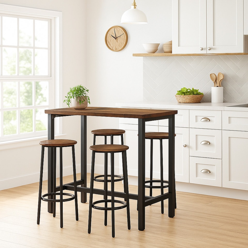 image 1 of CANCUN Bar Table & Stools Set Kitchen Dining Breakfast Industrial Furniture | Multi | 5 Piece Rustic Brown