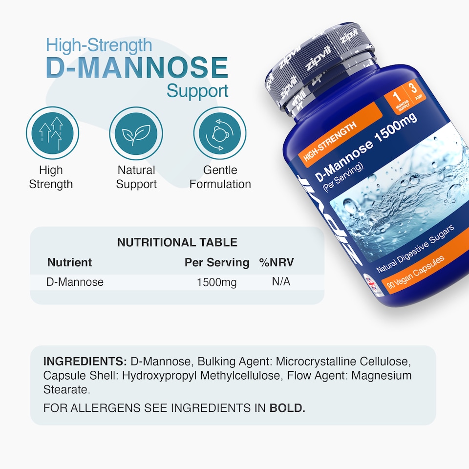 image 1 of Zipvit D-Mannose 1500mg, Naturally Sourced Support, 90 Vegan Capsules, 1-Month Supply