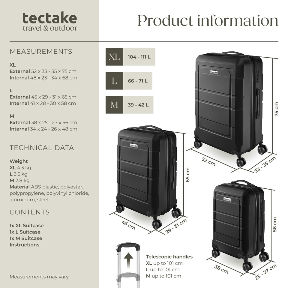 image 1 of Suitcase Luggage Set - L, M & S sizes, ABS plastic, swivel wheels, combination lock Black