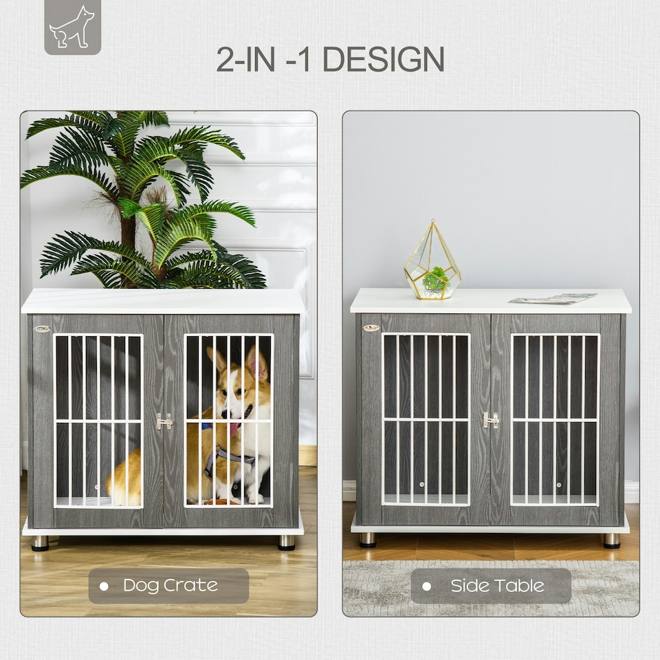 image 1 of PawHut Modern Dog Crate Pet Kennel Cage w/ Lockable Door - Grey & White
