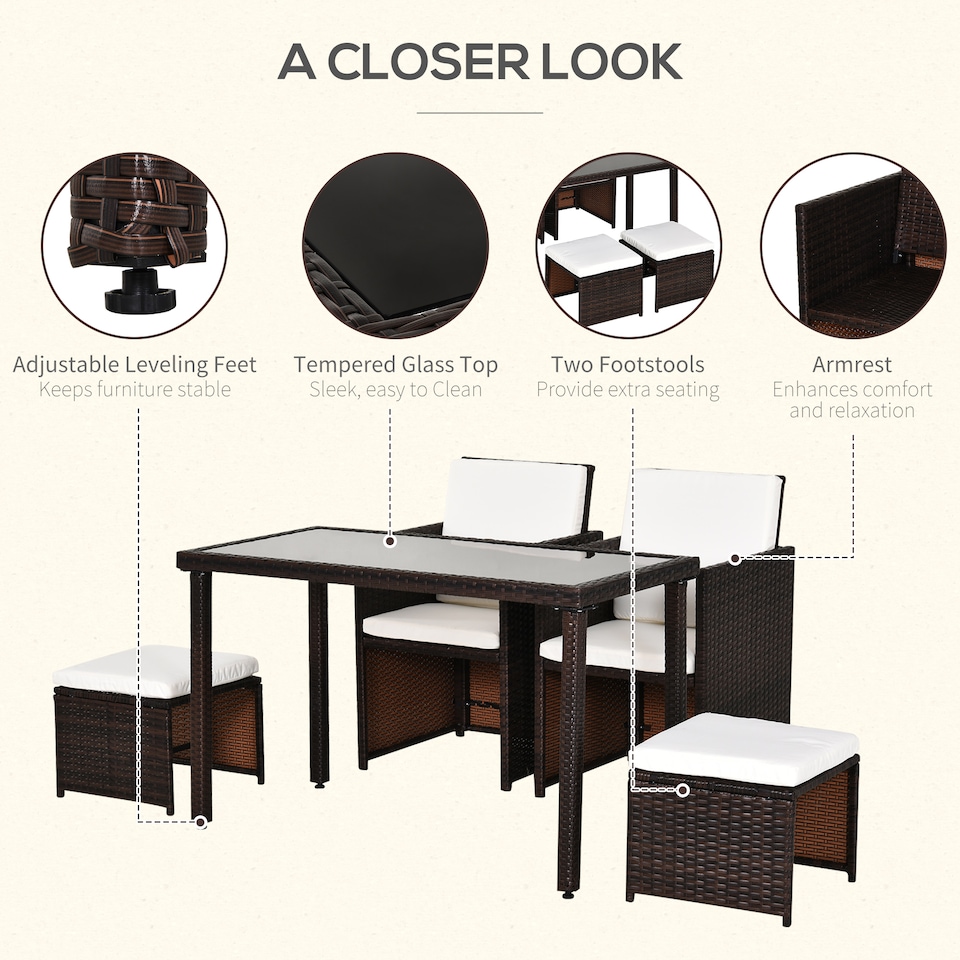 image 1 of Outsunny 2 Seater Rattan Cube Garden Furniture Set, Rattan Dining Set with Cushions, Outdoor Dining Table and Chairs with 2 Armchairs, 2 Stools, Rectangular Glass Top Table for Patio, Balcony, Brown