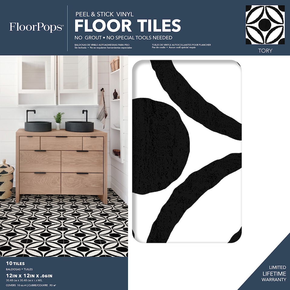 image 1 of Floorpops Tory Black Peel & Stick Floor Tiles, FP4278