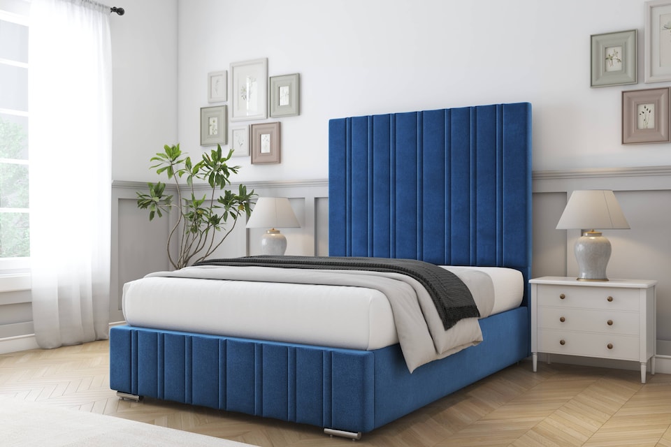 image 1 of Sloomy Langston Navy Plush Bed Frame With Mattress With 50" Upholstered Headboard 3' Single