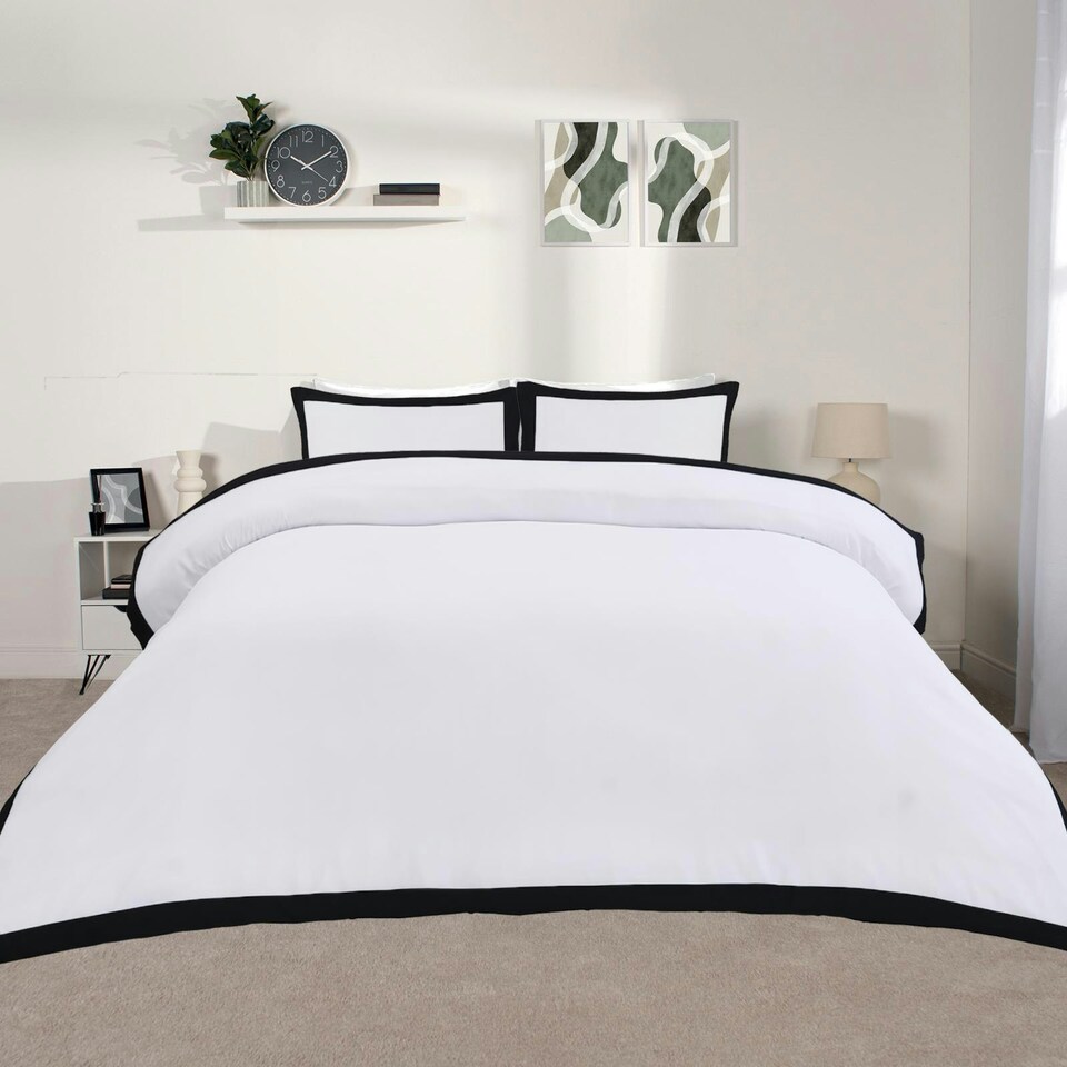 OHS Oxford Edge Soft Cosy Plush Plump Duvet Cover and Pillowcase Bedding Set Multi | Monochrome | Super King