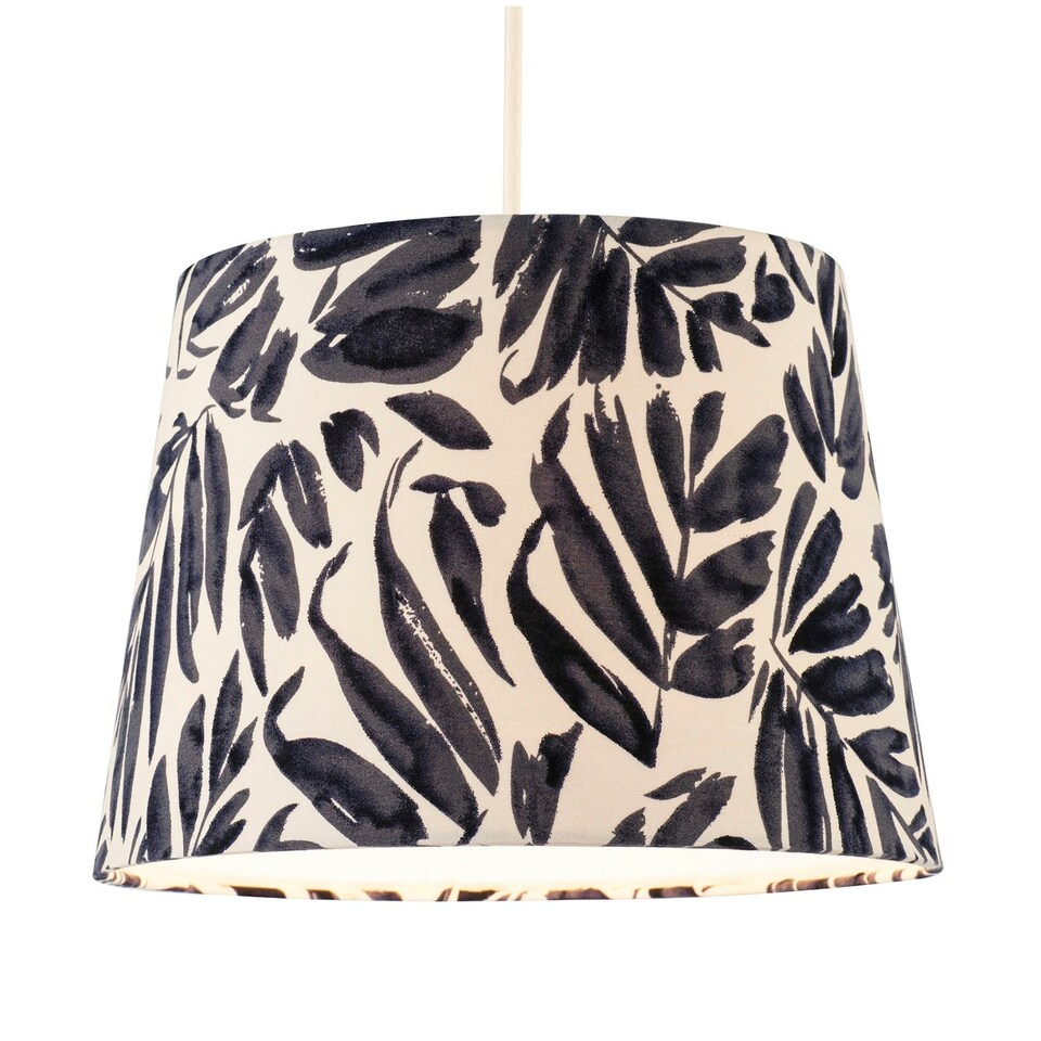 image 1 of Midnight Blue Palm Leaf Themed 25cm Drum Lampshade with Fabric Lining Blue
