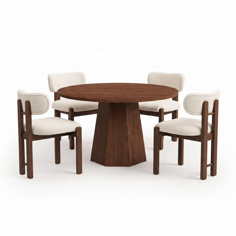 image 1 of FENCHILIN Rustic-style Dining Table and 4 Boucle Chairs 120cm Round Kitchen Set, Walnut