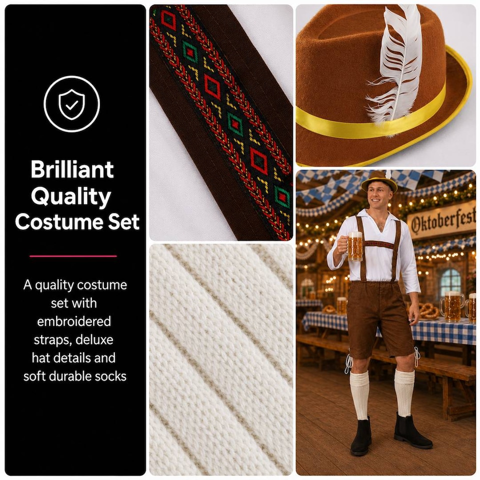 image 1 of Mens Brown Bavarian Oktoberfest Costume Set with Hat and Socks
