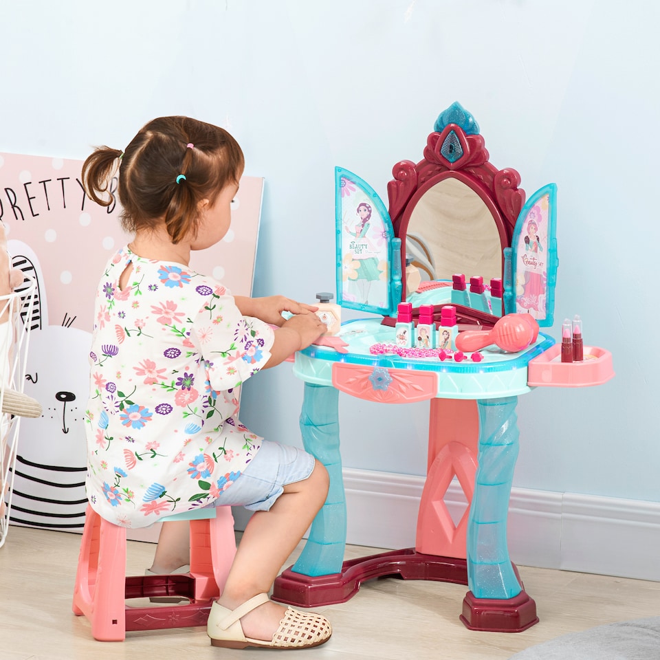 image 1 of AIYAPLAY 31 Pieces Kids Dressing Table Set with Magical Princess Mirror, Music Lights, Makeup Accessories, Hair Dryer, Chair, Drawer for Ages 3-6 Years