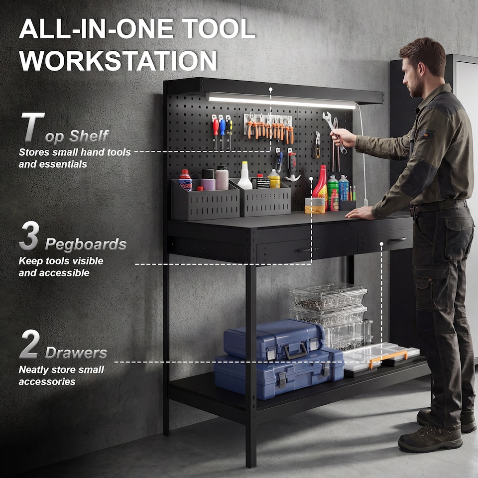 image 1 of HOMCOM 110 cm Workbench with Pegboard and LED Light, 272 kg Load Capacity | Black | Black | 110L x 60W x 150H cm