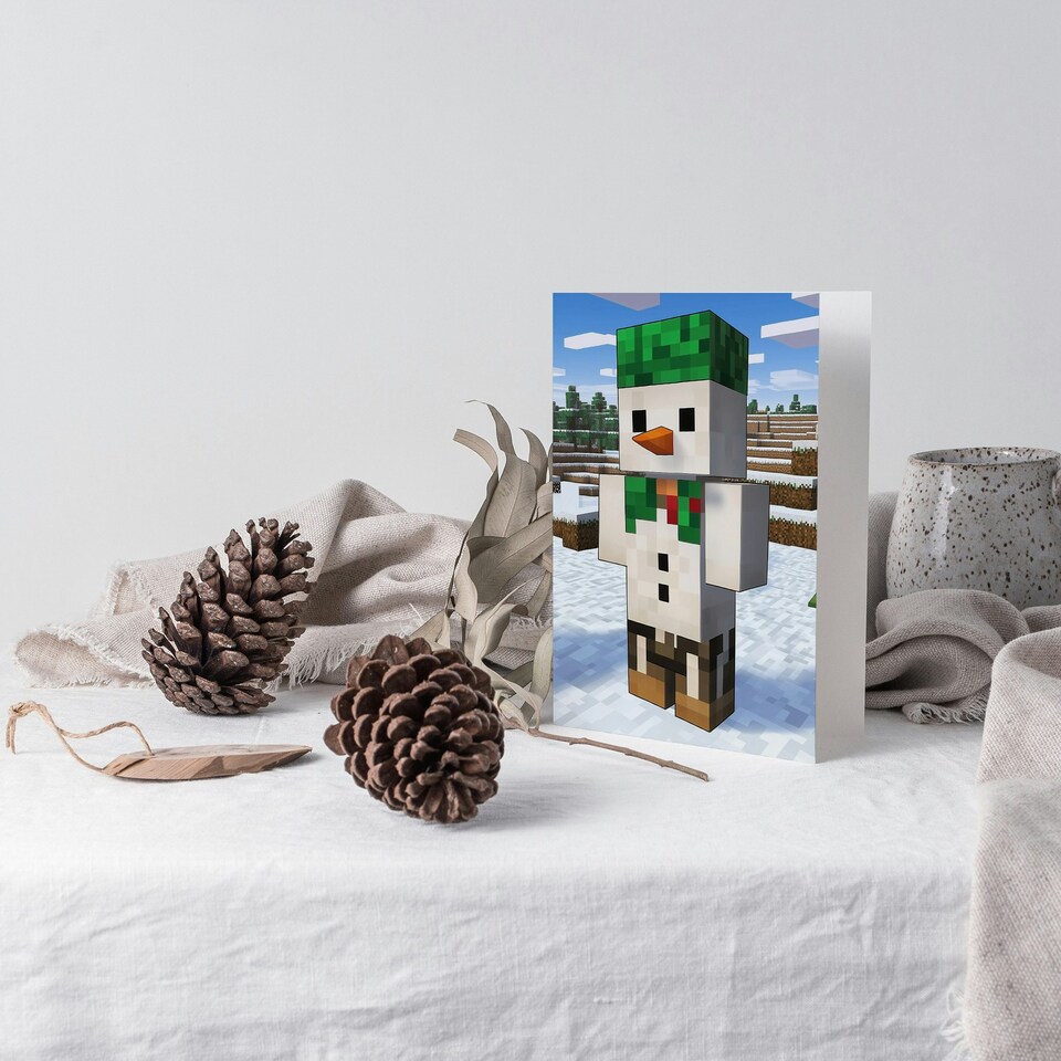 image 1 of Snow Man Winter Block World Video Game Design Blank For Him Or Her Art Christmas Card