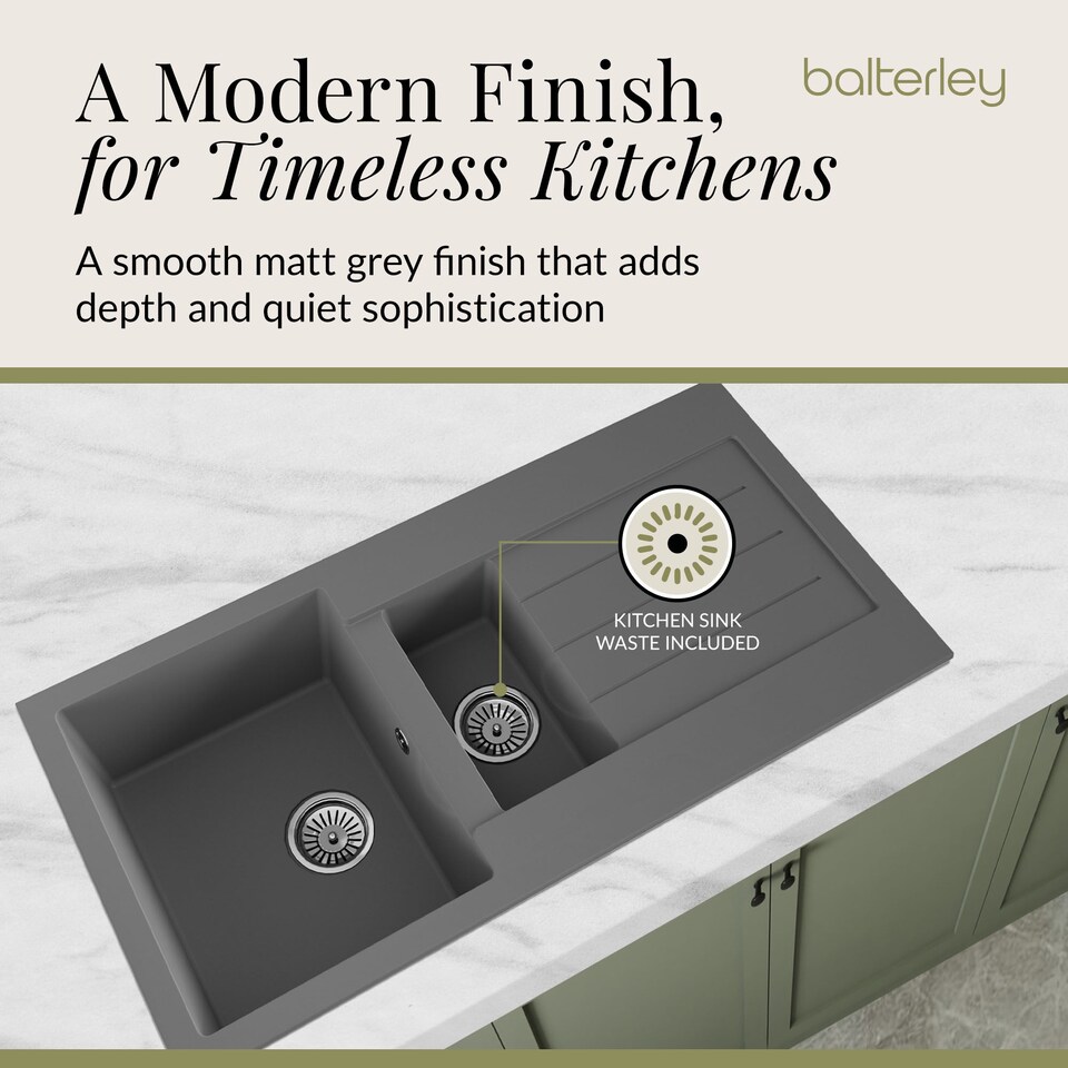 image 1 of Balterley 100cm Kitchen 1.5 Bowl Composite Inset Sink with Overflow & Reversible Drainer
