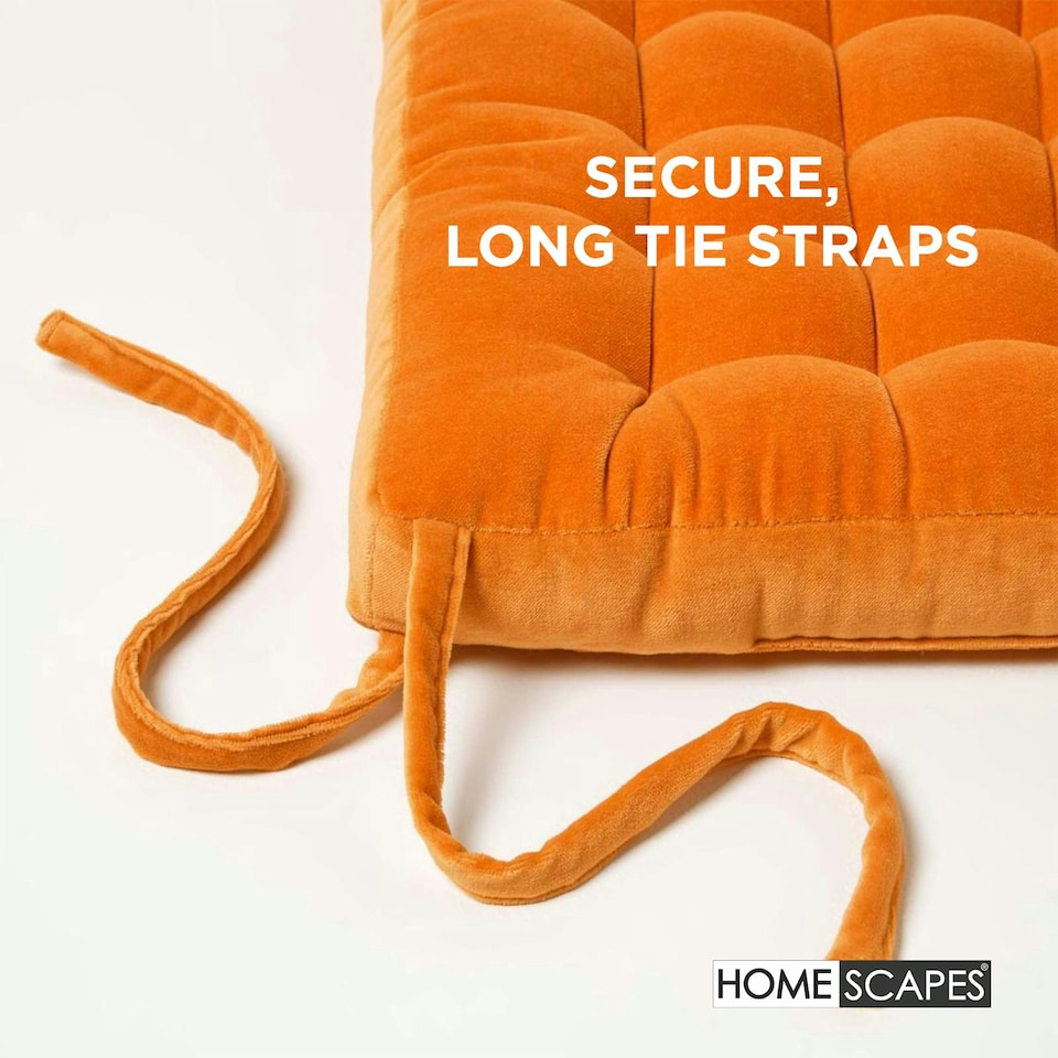 image 1 of Homescapes Seat Pad Luxury 100% Cotton Velvet Indoor Outdoor Garden Dining Cushion Orange | 40 x 40 cm