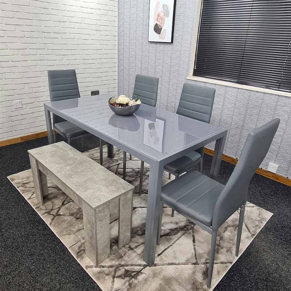 image 1 of Dining Table Set with 4 Chairs, and a Bench Dining Room and Kitchen table set of 4, and Grey Bench Grey
