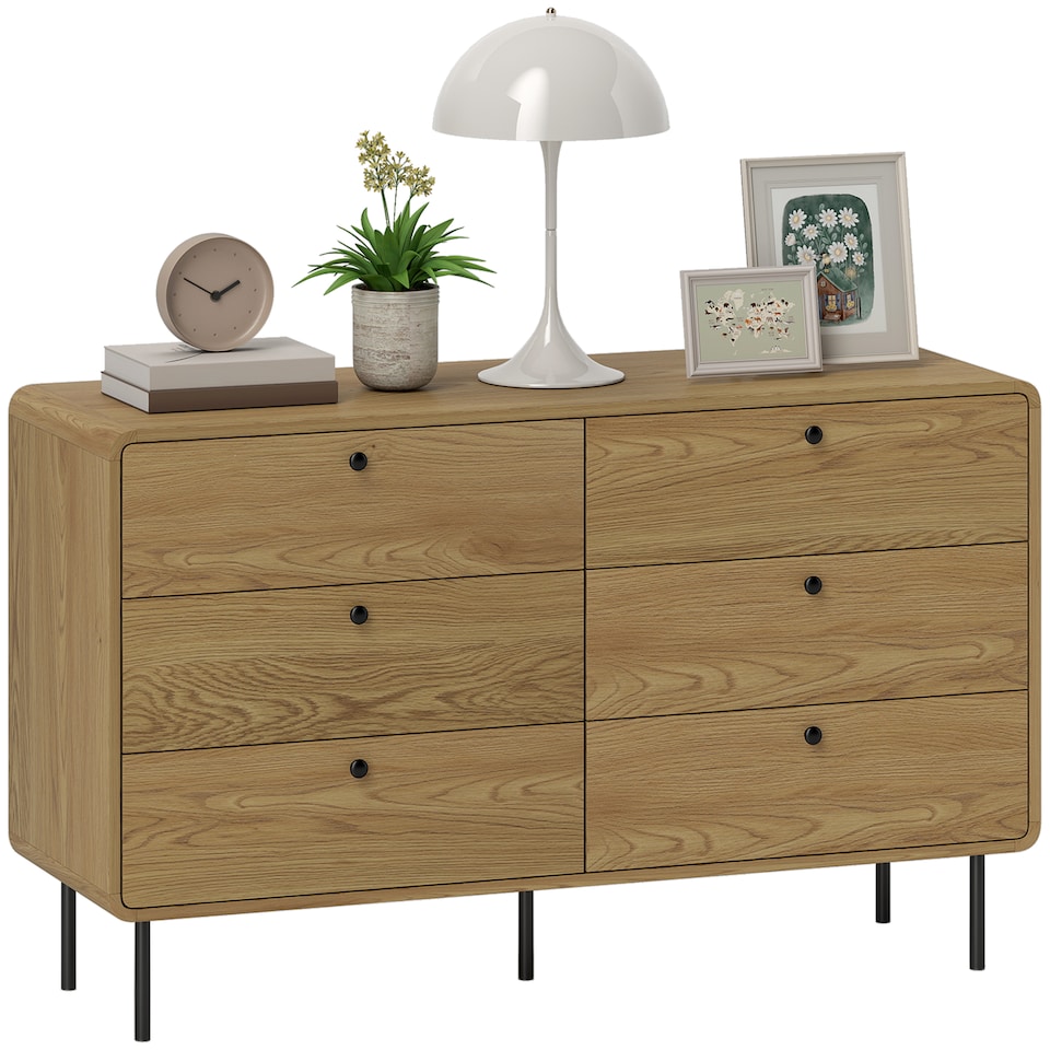 image 1 of HOMCOM Bedroom Chest of Drawers, Modern 6 Drawer Dresser with Rounded Corners and Steel Legs for Living Room, Hallway, Entryway, Oak