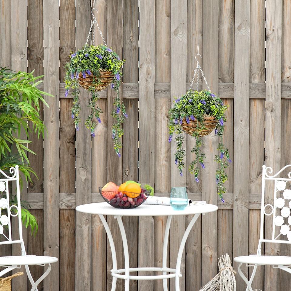 image 1 of HOMCOM Set of 2 Decorative Artificial Plants, FauSilk Lavender Flowers in Hanging Baskets, Fake Plants for Home Indoor Outdoor Decor, Purple