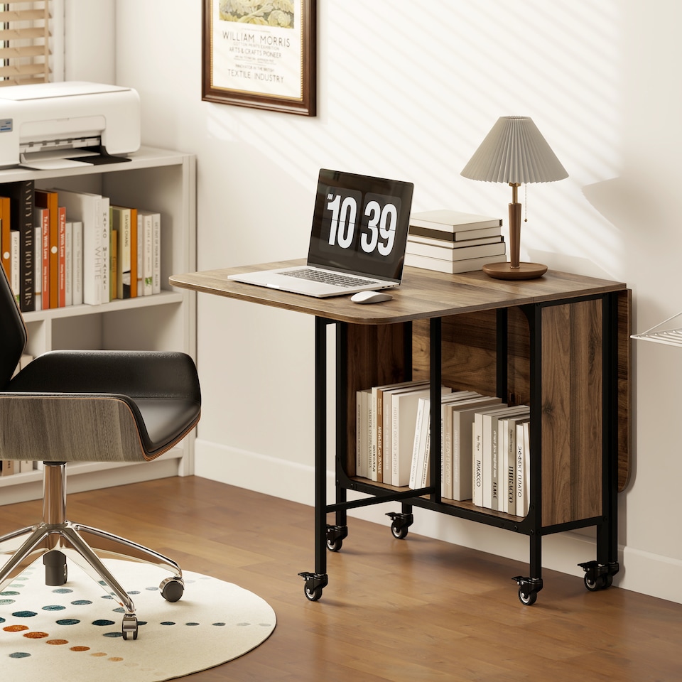 image 1 of HOMCOM Mobile Drop Leaf Table, Folding Dining Table with 6 Wheels & Storage Shelf for Small Spaces, Kitchen, Dining Room, Light Brown