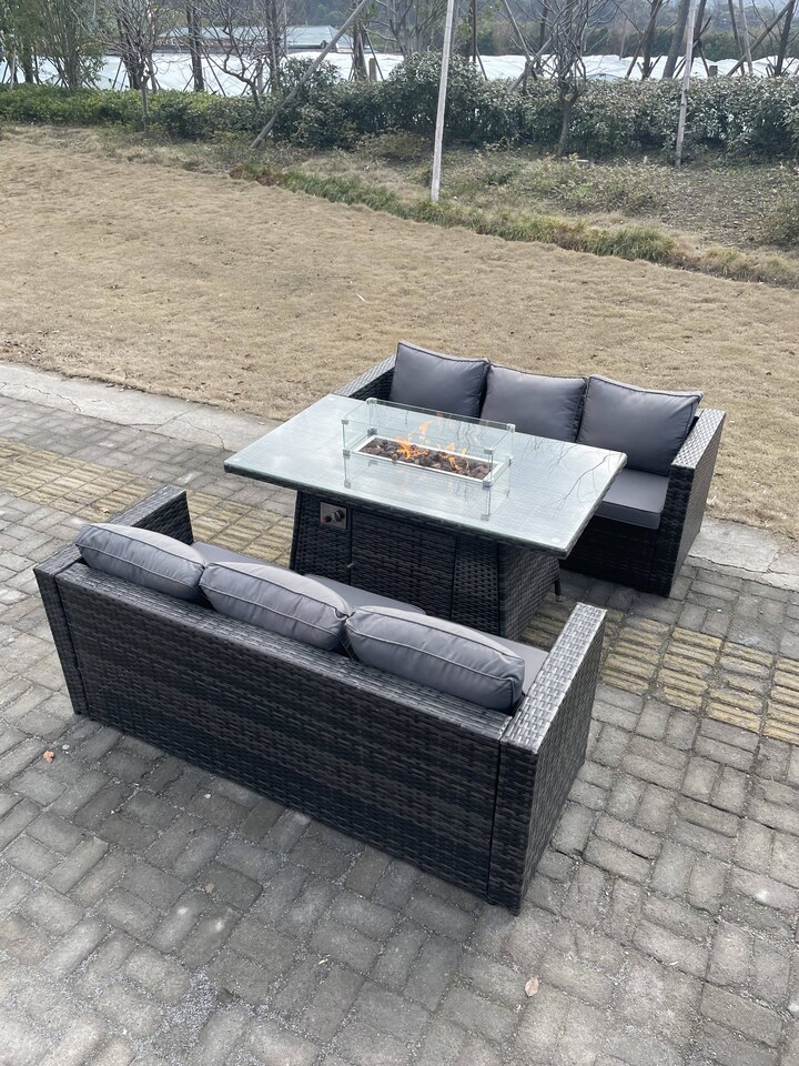 image 1 of Fimous 6 Seater Outdoor Rattan Sofa Set Garden Furniture Gas Firepit Set Dining Table Heater Dark Grey Mixed