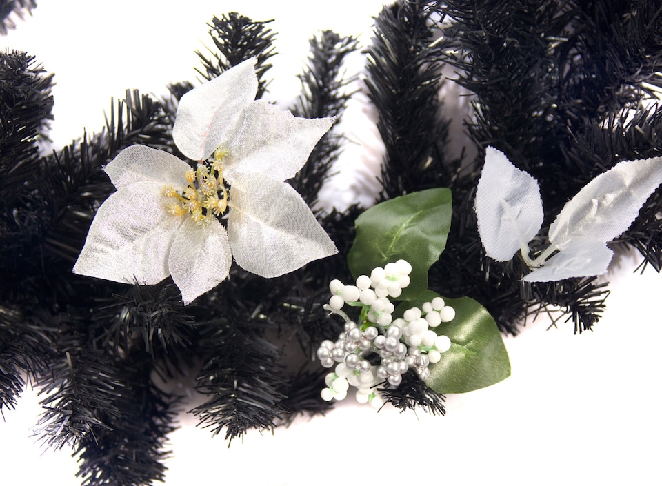 image 1 of Best Artificial 6ft Black & Silver Decorated Christmas Garland with 50 bright white battery lights