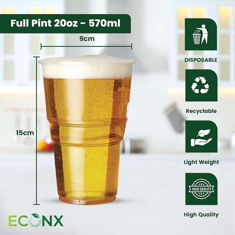 image 1 of ECONX 20oz Plastic Full Pint Cups Clear Beer Reusable Glasses For Pub Beach Parties 100pc