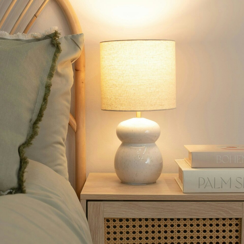 image 1 of ValueLights Kendal Natural Linen Drum Shade Beige Glazed Ceramic Table Lamp White